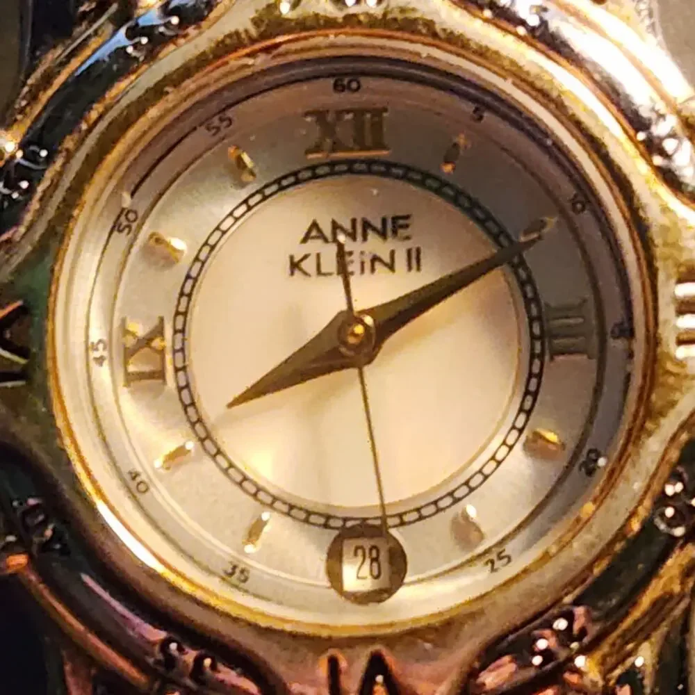 Anne Klein II Women's Quartz Date Watch Mother Of Pearl Gold-Silver Tone 1980's